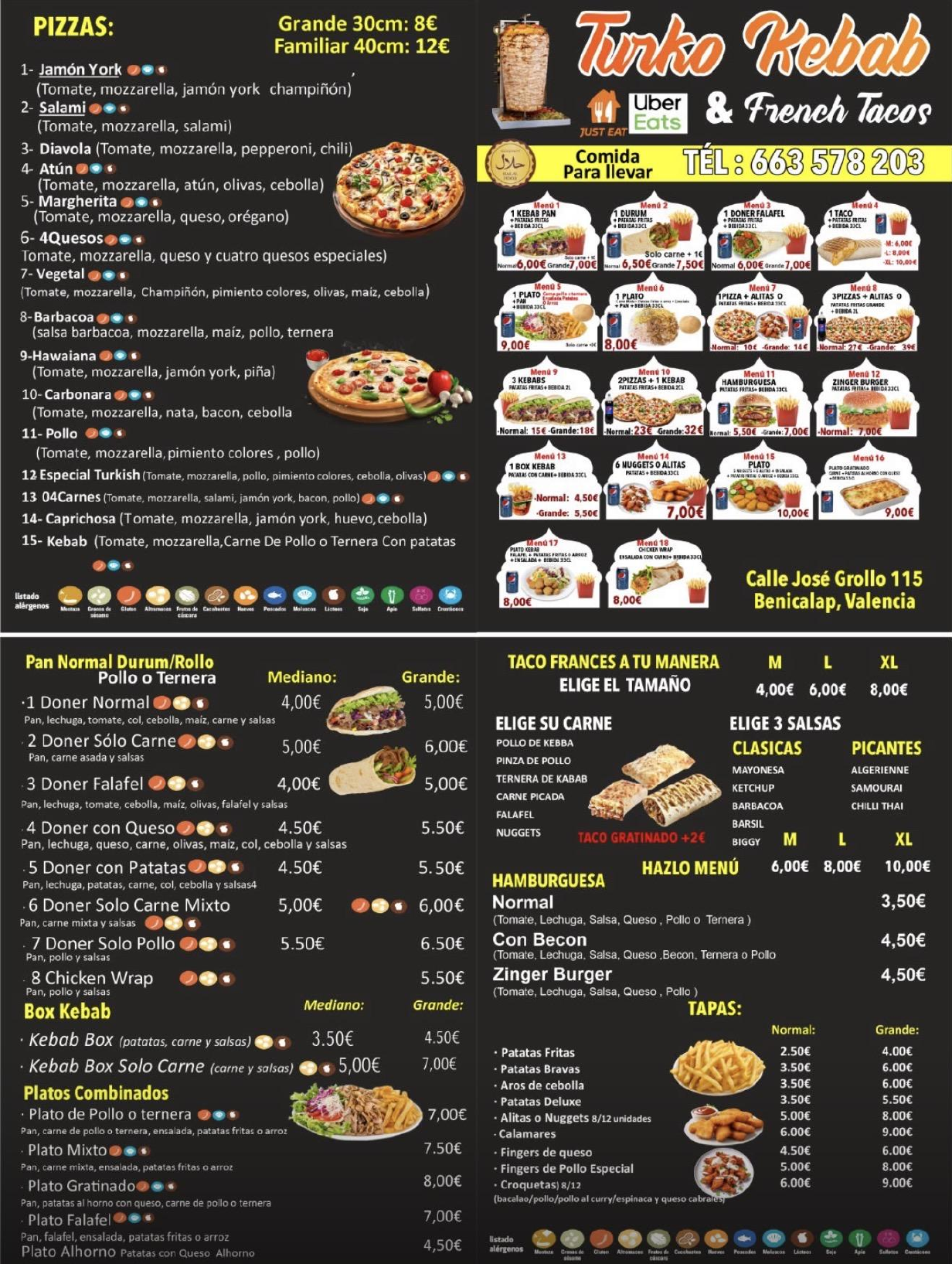 Carta de Turko Kebab con pizzas, kebabs, tacos franceses y platos